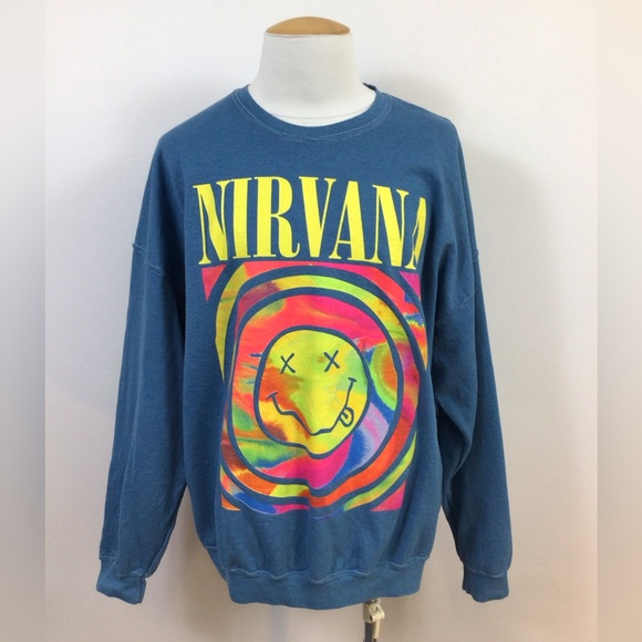 Nirvana Blue Crewneck Sweatshirt Neon Graphic Men's Pullover Sweater, sz L/XL - Picture 1 of 15